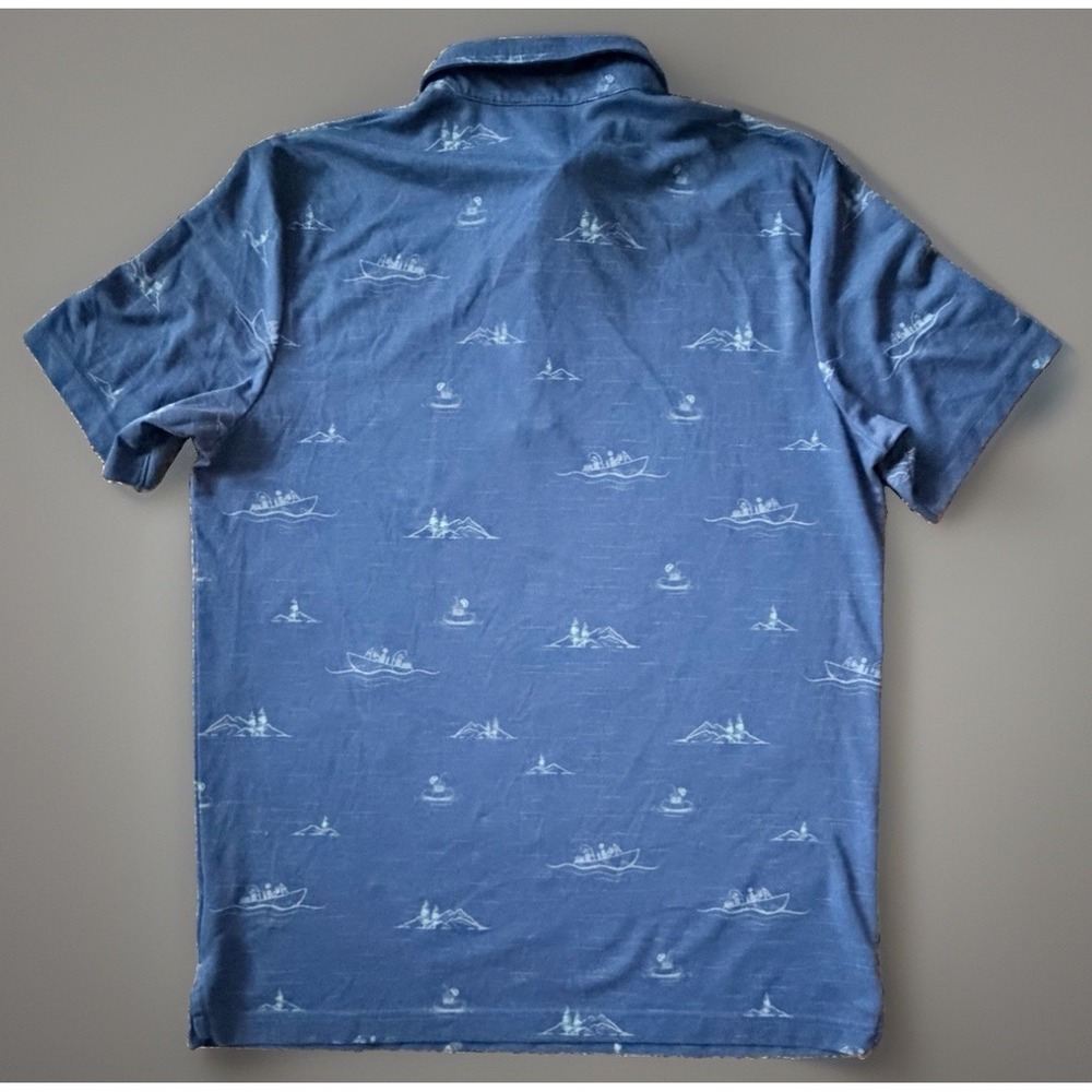 Travis Mathew Short Sleeve Polo Shirt Blue Boat Mountain Theme Logo Large JBHS - Picture 2 of 11